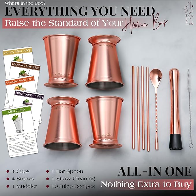 Gusto Nostro Mint Julep Cups Set of 4 - Stainless Steel Julep Cup Kit with Straws, Muddler, Spoon, Recipes, Vases - Southern-Style Cocktail Glasses for Home Bar - Stainless Steel Cocktail Cups (Rose)