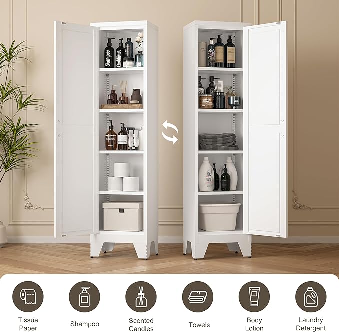 67" Tall Narrow Bathroom Metal Storage Cabinet with 4 Adjustable Shelves, Freestanding 5 Tier Slim Pantry Storage Cabinet for Small Space, White