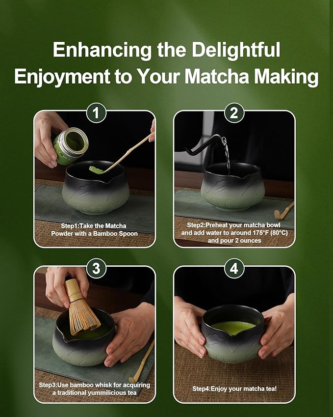 ZENS Matcha Whisk Set, 15oz Ceramic Matcha Set with Bowl and Bamboo Whisk, Scoop, (Chasen Holder) -Tea Towel, 5pcs Matcha Kit for Matcha Lovers, Sage Green