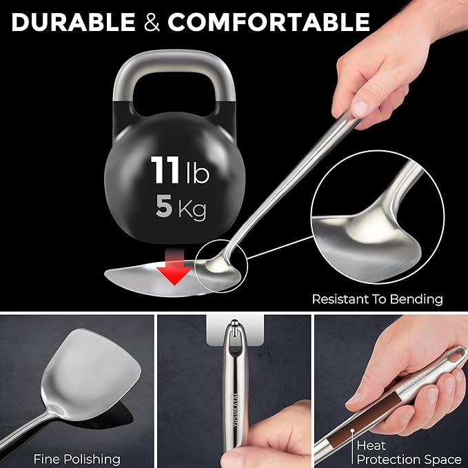 Yosukata 17" Wok Spatula and Ladle Skimmer Spoon - Stainless Steel Cooking Utensils Set of 3-304 Stainless Steel Kitchen Utensils Set - Dishwasher Safe Wok Accessories - Wok Utensils - Cooking Tools
