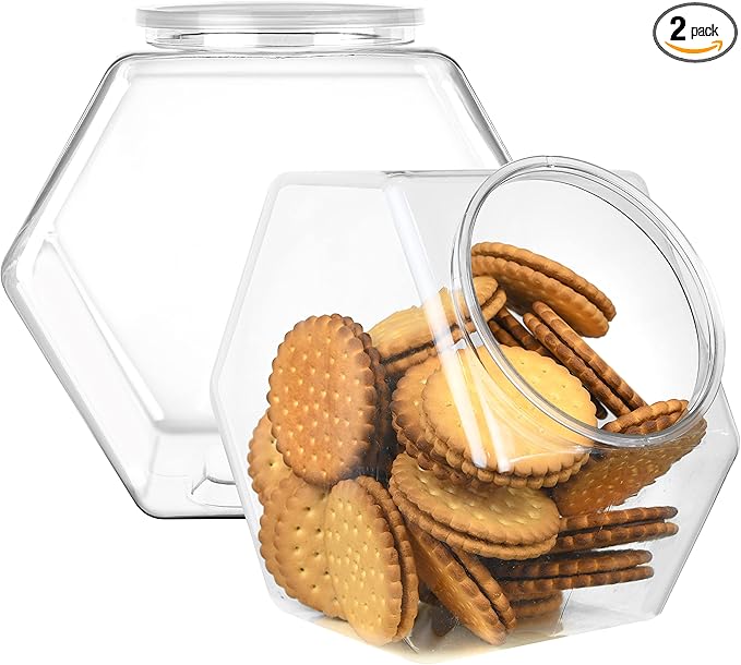 DilaBee 2-Pack Plastic Cookie Jar 1.5 Gallon (197oz) - Large Cookie Jar, Hexagon Candy Dish with Lid for Kitchen, Candy Bowl for Office - Sugar and Flour Containers, Plastic Jar with Labels - BPA-Free