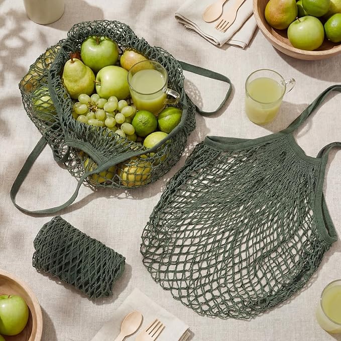 Woanger 24 Pcs Reusable Cotton Mesh Produce Shopping Bags Long Handle Washable Grocery Net Portable Fruit and Vegetable Cotton String Bags Green Net Tote Organizer