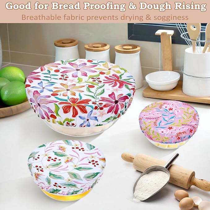 5-Size Reusable Beeswax Bowl Covers for Bread Proofing, Cotton Cloth Flexible Beeswax Wraps for Food Storage(Rainbow Floral)