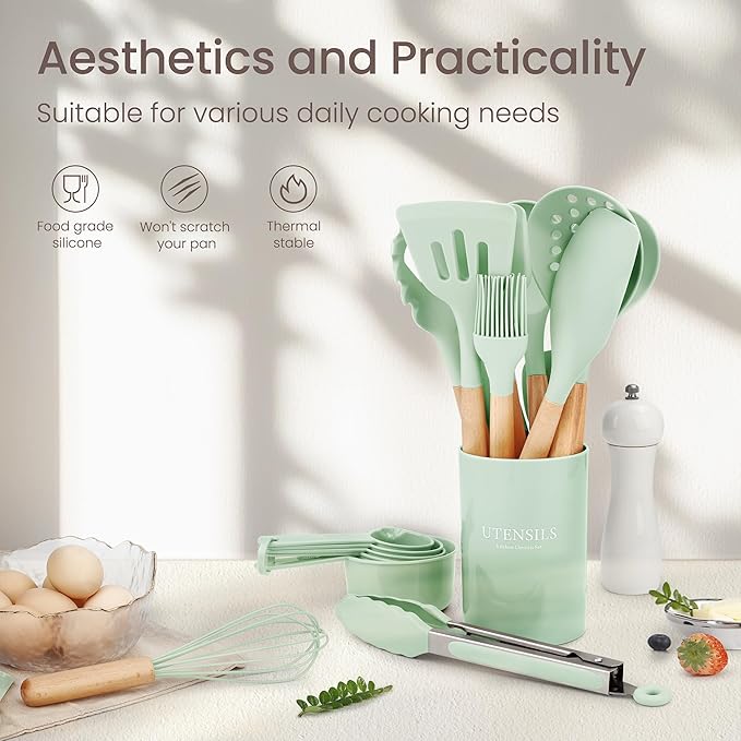 26 Pcs Silicone Cooking Utensils Set with Holder, BPA Free Kitchen Utensils Set for Cooking, 446°F Spatulas Silicone Heat Resistant Wooden Handle Spoon Tongs Non-stick Kitchen Gadgets (Light Green)