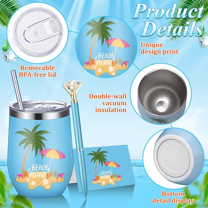 Patelai 36 Pcs Summer Theme Gift Set for Men Women 12oz Stainless Steel Coffee Mug Colorful Cups with Lid and Straw Pens Card Bags Set for College Graduates Party Supplies