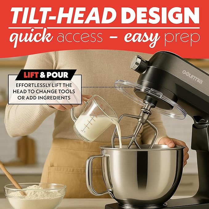 Gourmia Digital Stand Mixer - 7 QT Tilt-Head Kitchen Mixer with LED Timer, 10 Speeds, Stainless Steel Bowl, Attachments Included, 800W, Silver