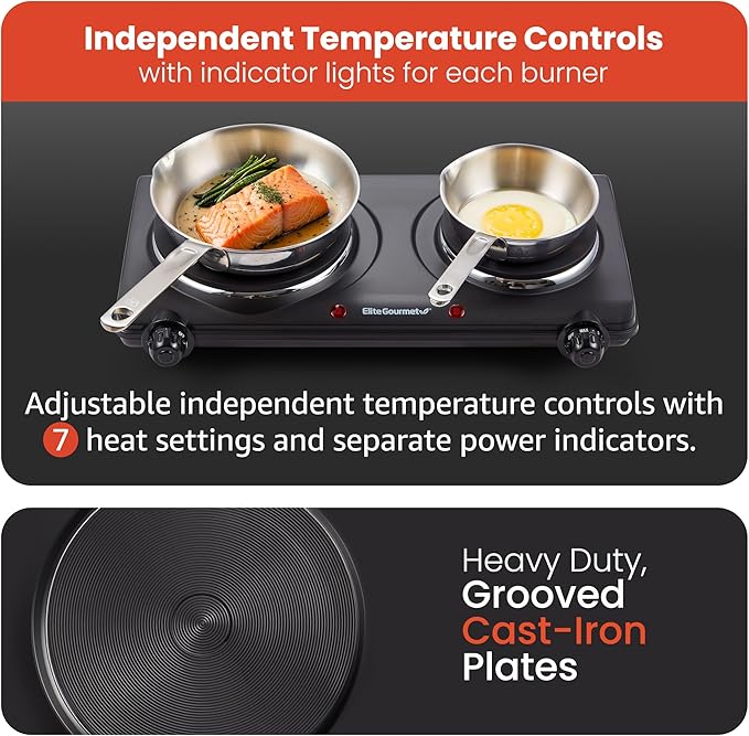 Elite Gourmet EDB-302BF# Countertop Double Cast Iron Burner, 1500 Watts Electric Hot Plate, Temperature Controls, Power Indicator Lights, Easy to Clean, Black