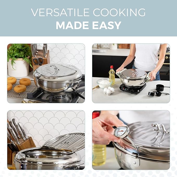 Alpha Living SDF-04 Deep Fryer Pot – 11-Inch Stainless Steel Frying Pot with Oil Thermometer – Ideal for Deep Frying Chicken, Fries, Mini Donuts, Tempura & More – Frying Pan for Home Use