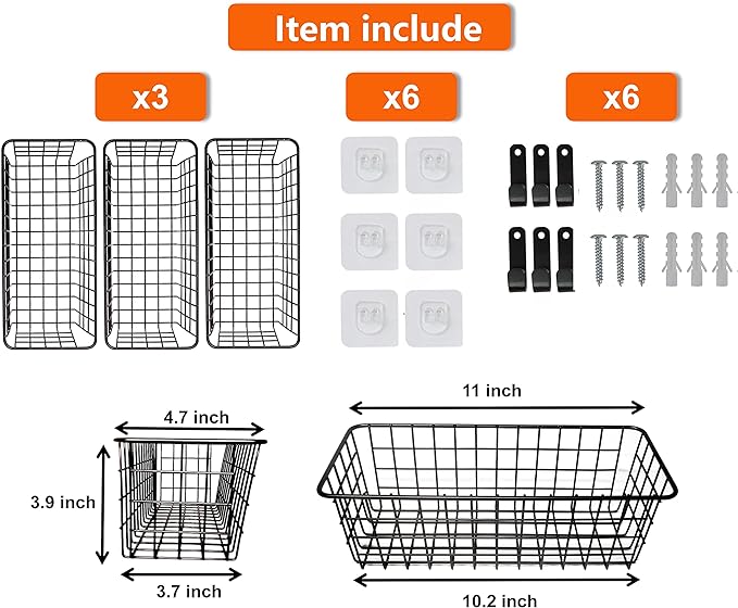 Joben Oligey 3 Set Hanging Wire Baskets ,Wall Mount Fruit Basket,No Drilling,Adhesive Small Metal Basket,Farmhouse Food Storage Mesh Bin Kitchen Pantry Laundry Bathroom Closet Garage RV ,Black