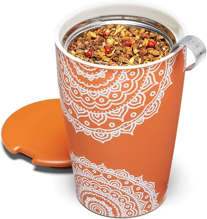 Tea Forte Double-Walled Ceramic Kati Cup, Removable Stainless Steel Infuser Basket and Lid, Steeps 12 oz Loose Leaf Tea, Dishwasher & Microwave Safe, Gifts for Mom, Chakra