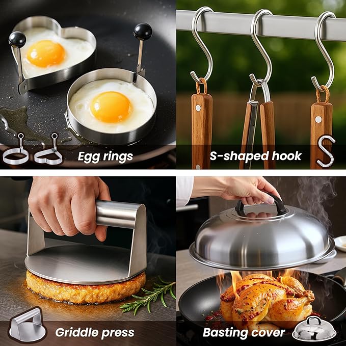 33PCS Griddle Accessories Kit, Flat Top Grill Accessories Set for Blackstone and Camp Chef, Stainless Steel Grill Spatula Set with Enlarged Spatulas, Basting Cover, Burger Press for Outdoor Barbecue