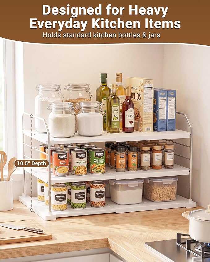EVERIE Extendable 3-Tier Kitchen Cabinet & Pantry Organizer for Plastic Wrap, Foil & Storage Bags, Adjustable Heavy Duty Shelf Rack for Wrap Boxes, Jars & Snack Boxes (11–16.7 in Wide), Pack of 2