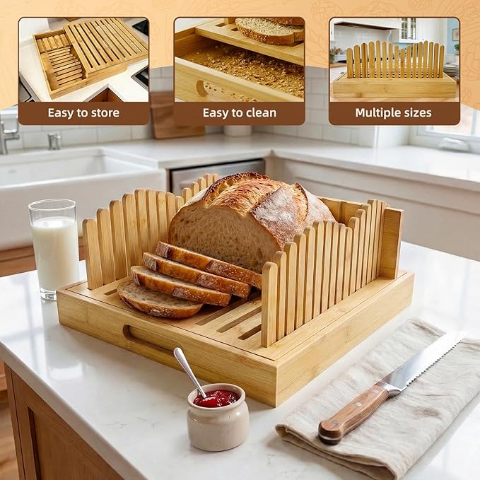 Adjustable bread slicer and multi-purpose tray for slicing handmade bread, sourdough, large loaves, baguettes, and other homemade breads. Suitable for home bakers and bread enthusiasts.