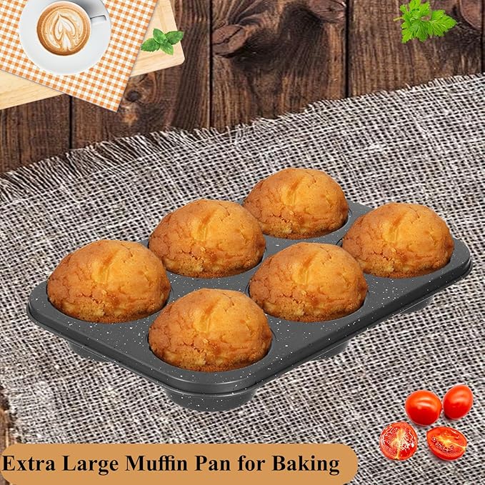 Walooza Jumbo Muffin Pan 2 Pack, Nonstick 6 Cup Muffin Tin, Extra Large Cupcake Pan for Baking, Giant Muffin & Cupcake Mold, Carbon Steel Muffin Tins, 3.3'' Cup Diameter