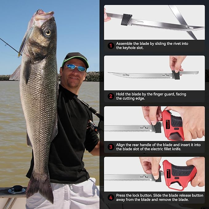 12V Cordless Electric Fillet Knife, 4 Ti-Nitride Coated Non-Stick Blades, Cordless Fillet Knife with 2PCS Rechargeable Battery Packs, 1 Quick Battery Charger, and 1 Storage Carry Case for Fishing, Filleting, Outdoors