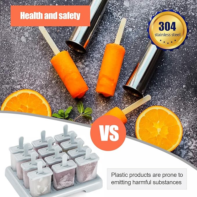 Stainless Steel Popsicle Molds, Set of 6 Ice Cream Maker, Ice Pop Molds With Holder, Metal Reusable Homemade Popsicle Molds with Sticks and Bags (Round Cup, No Slot)