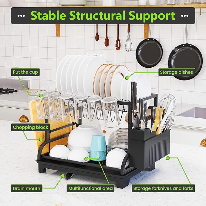 2-Tier Foldable Dish Drying Rack with Drainboard, Stainless Steel Large Capacity Kitchen Counter Organizer with Cup Holder, Utensil & Cutting Board Storage, No Assembly Required, Black