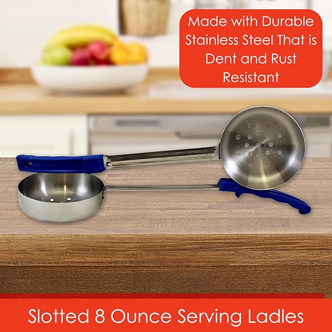 8 Ounce Slotted Stainless Steel Portion Control Ladle Spoon for Measuring and Serving; Commercial Grade Serving Scoops [Pack of 12]