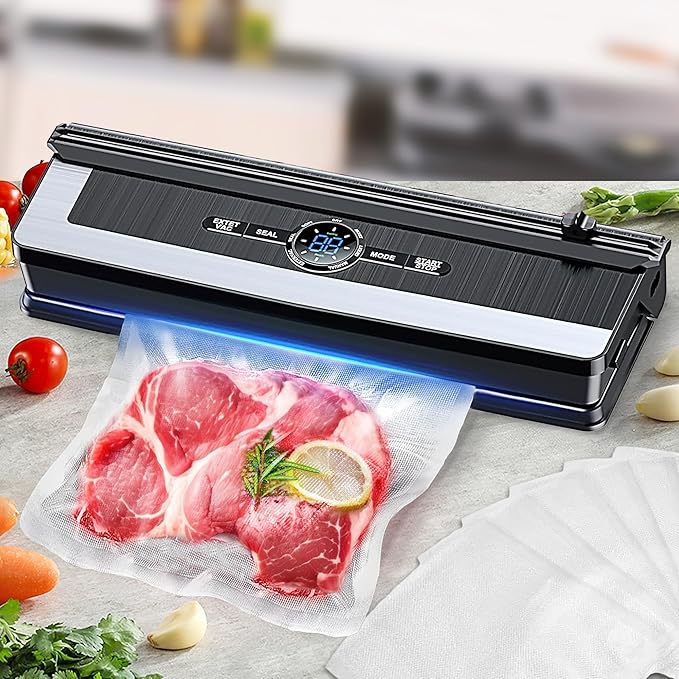 Vacuum Sealer Automatic Air Sealing Food Vacuum Sealer Machine for Dry and Moist Food, Includes 10 Sealer Bags for Food, 14.9*7.2*3.5, Silver