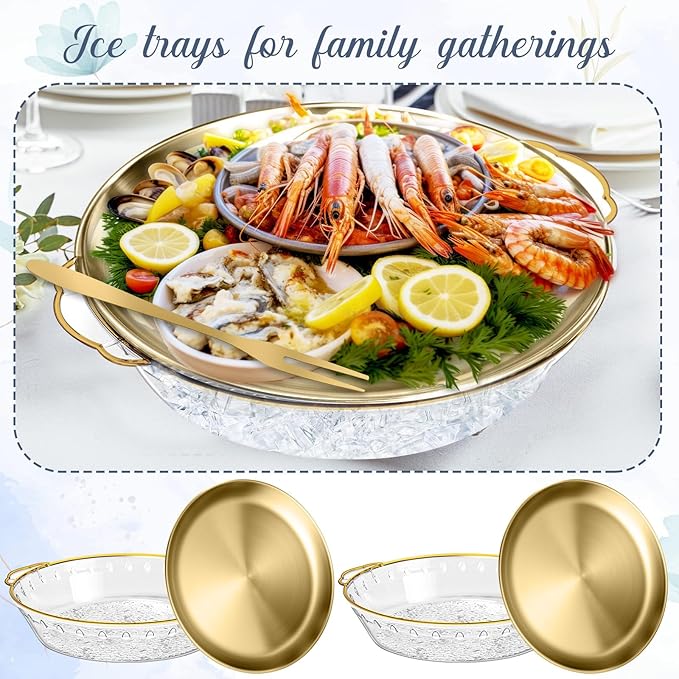 Baderke 6 Sets 11.8" Chilled Serving Tray for Parties Round Iced Platter with Ice Underneath Stainless Steel Clip Fruit Fork Shrimp Cocktail Serving Dish for Oysters Crawfish Fruits (Gold)