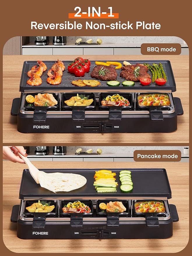 FOHERE Raclette Grill, 2 in 1 Raclette Table Grill Indoor, 1500W Korean BBQ Grill Electric Griddle with Reversible Non-stick plate, Adjustable Temp Control and 8 Paddles for Parties and Family Fun