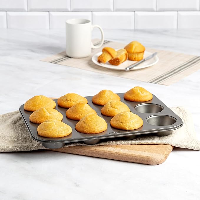 Goodful Nonstick Muffin Pan Set, Heavy Duty Carbon Steel with Quick Release Coating, Made without PFOA, Dishwasher Safe, 2-Pack Bakeware Set, 12-Cup, Gray