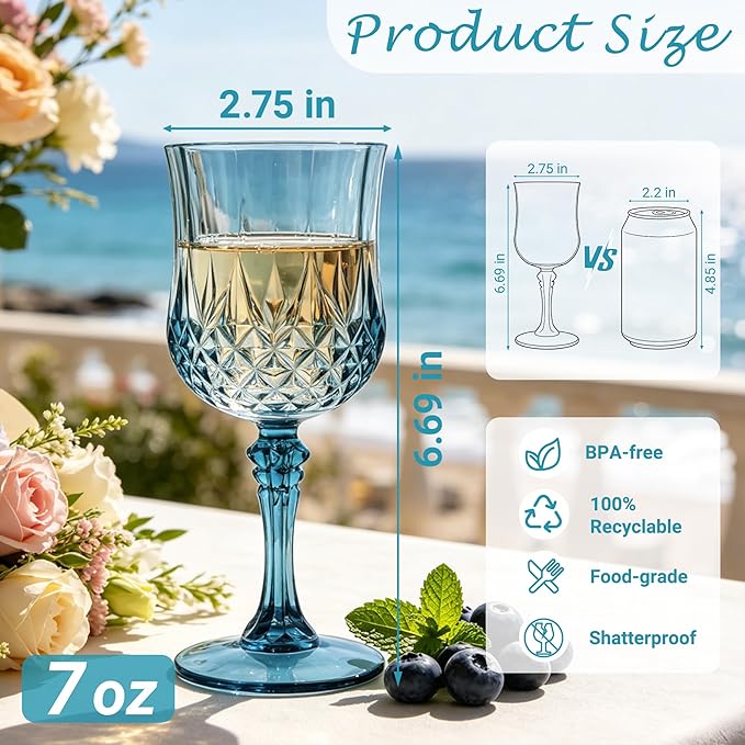 Plastic Wine Glasses, Plastic Goblets Vintage Style Cordial Unbreakable Drinking Glasses, Reusable Drinkware for Wedding Reception, Grand Event Party Supplies (48, Dusty Blue)