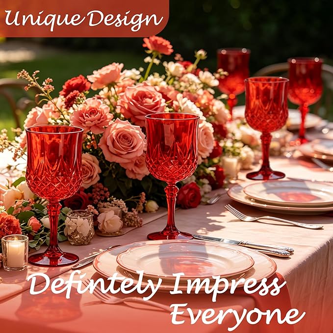 Plastic Wine Glasses, Plastic Goblets Vintage Style Cordial Unbreakable Drinking Glasses, Reusable Drinkware for Wedding Reception, Grand Event Party Supplies,Mother's Day(24, Red)