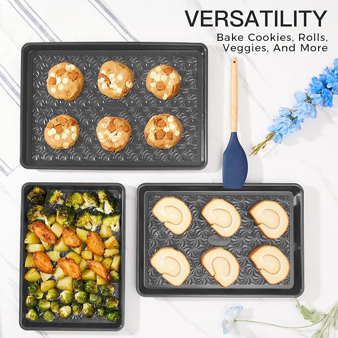 HONGBAKE Nonstick Baking Sheet Pan Set of 3, Cookie Sheets for Oven, Non-Toxic Half/Quarter/Jelly Roll Pans with Floral Swirl Texture, Heavy Duty 0.8mm Thick Oven Trays for Cooking, Dark Gray