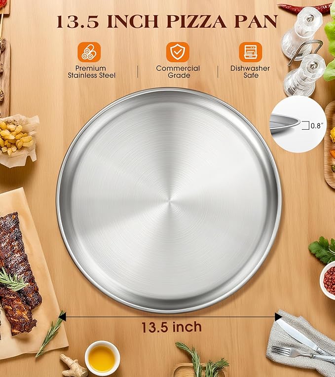 13½ Inch Stainless Steel Pizza Pan Set of 2, Pizza Pan for Oven, Steel Pizza Tray for Baking Cookie Pie Cake, Round Stainless Steel Pizza Plate Pizza Baking Sheet, Easy Clean & Dishwasher Safe