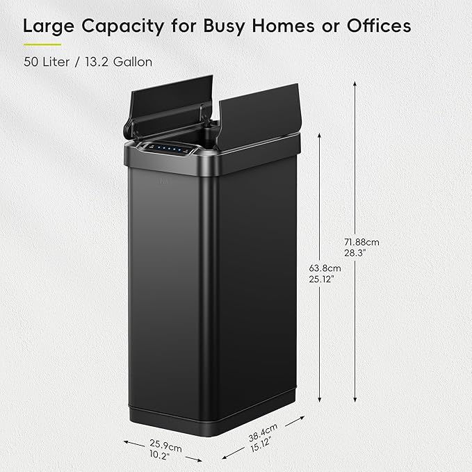 EKO Phantom-T 13.2 Gallon/ 50L Automatic Sensor Kitchen Trash Can, Slim Stainless Steel Touchless Garbage Bin with Soft-Close Dual Wing Lid for Home & Office, Matte Black