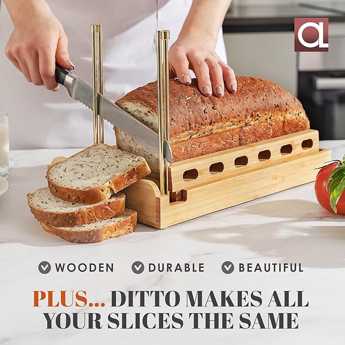 DITTO 2.0 Bamboo Bread Slicer for Homemade Bread - 6.5" Wide Adjustable Bread Slicer Guide Cuts Even Slices, 4 Thickness Options - Works with Buns, Bagels - Incl Crumb Tray
