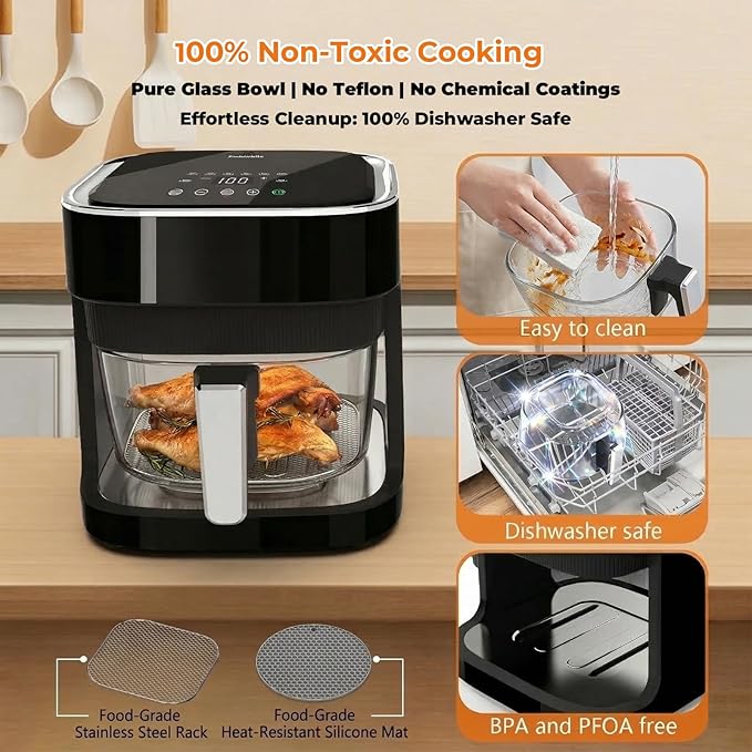 Glass Air Fryer 4.5 Qt, Non-Toxic Borosilicate Glass Basket with 360° View, Upgraded Food-Grade Stainless Steel Tray, 8-in-1 One-Touch Presets, Teflon-Free & Dishwasher Safe, Black