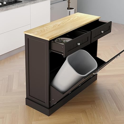 RASOO Double Tilt Out Trash Can Cabinet Freestanding Laundry Hamper Wooden Tabletop with 2 Drawers Kitchen Garbage Can for 10 Gallon, Black