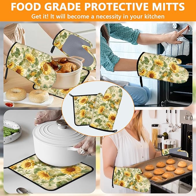 Sunflower Oven Mitts and Pot Holders Sets 4Pcs Silicone Non-Slip Mitts Heat Resistant Gloves Hot Pads for Kitchen Cooking Baking Grilling BBQ