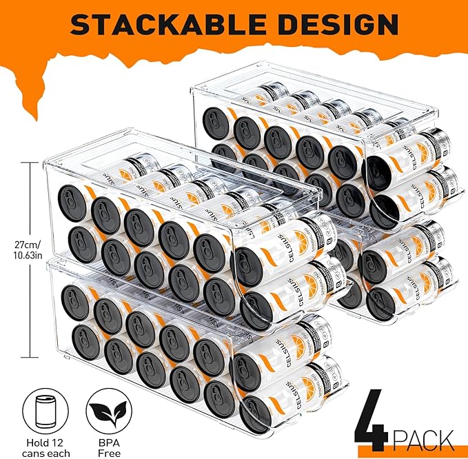 SCAVATA 4 Pack Skinny Can Organizer for Refrigerator, Stackable Tall Skinny Soda Pop Can Holder Dispenser with Lid for Fridge Pantry Rack Freezer, Clear Plastic Storage Bins-Holds 12 Slim Cans Each