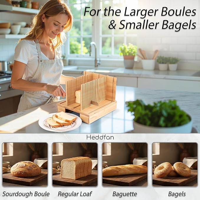 Bamboo Bread Slicer For Homemade Bread - Built-In Knife Slot, Crumb Catcher & Storage Compartment - Adjustable Extra Wide & High For Sourdough - Long 12” Knife Blade Included