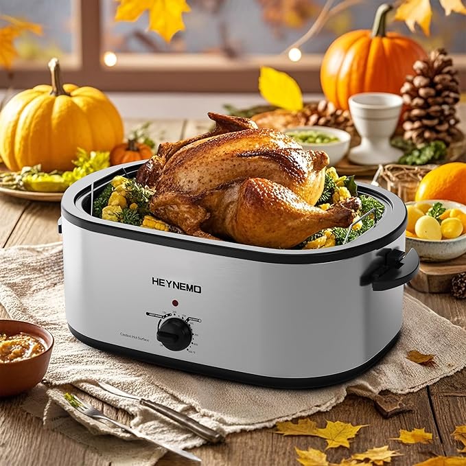 24 Quart Electric Roaster Oven with Visible & Self-Basting Lid, Large Turkey Roaster with Defrost Warm Function, Adjustable Temperature, Removable Pan Rack, Stainless Steel