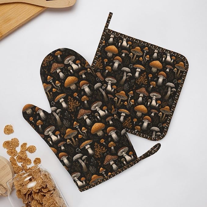 Oven Mitts and Pot Holders Set, Vintage Mushroom Leaf Silicone Kitchen Accessories 4 Piece Heat Resistant Long Gloves Potholder Non-Slip Grip for Chef Cooking Baking Grilling BBQ