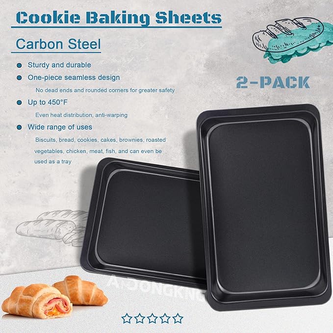 Baking Sheet Pans, Cookie Tray, Nonstick Heavy Carbon Steel Bakeware, 2-Pack, 12 X 7.5 Inches (Inner 11 X 6.9)