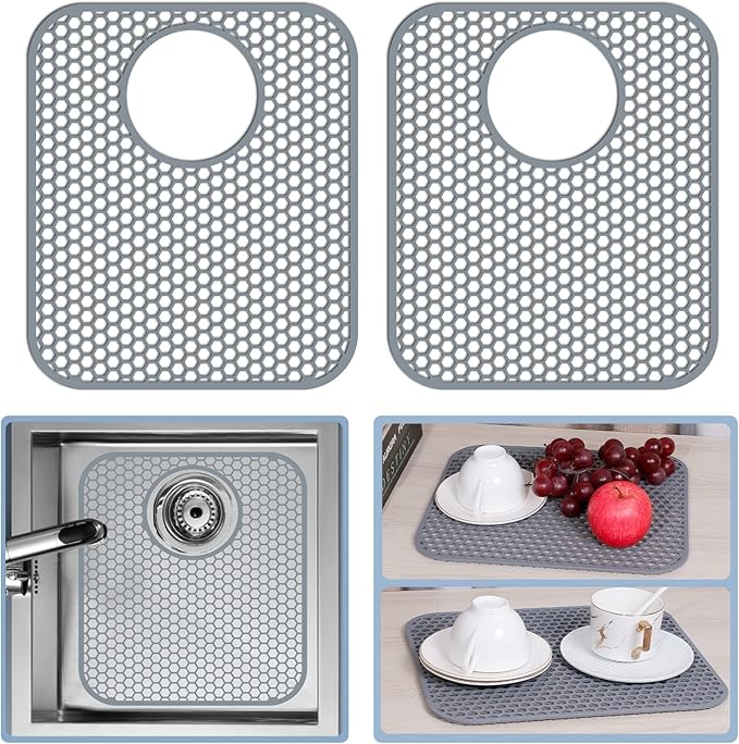 Bestjing 2 Pack Silicone Kitchen Sink Protector Mat with Rear Drain - 13.58''x 11.6'' Kitchen Sink Accessory, Folding Non-Slip Heat Resistant Mat Grid for Bottom of Porcelain Stainless Steel