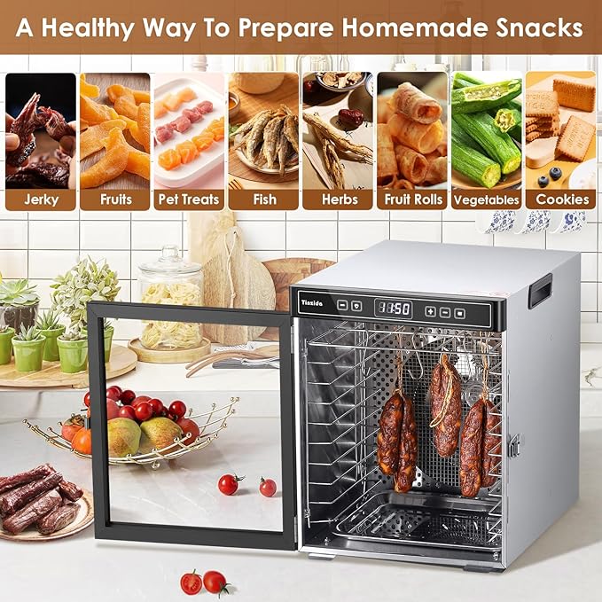 Food Dehydrator Machine For Jerky, Meat, Dog Treats, Herb, Vegetables, Fruit Dryer, 10 Stainless Steel Trays, 24H Timer, 194ºF Temperature Control, Safety Over-Heat Protection