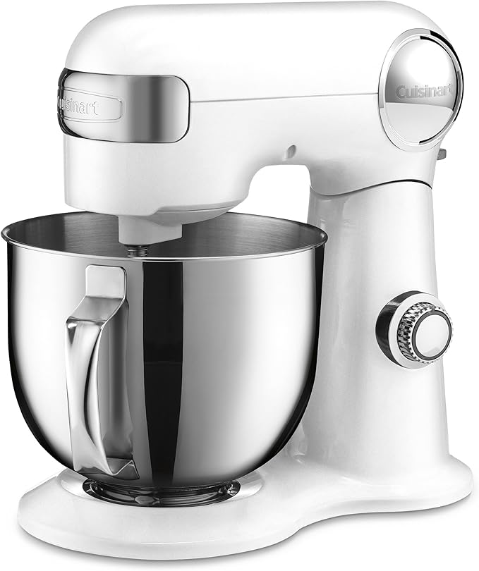 Cuisinart Stand Mixer, 12 Speed, 5.5 Quart Stainless Steel Bowl, Chef’s Whisk, Mixing Paddle, Dough Hook, Splash Guard w/ Pour Spout, White Linen, SM-50NAS, Manual