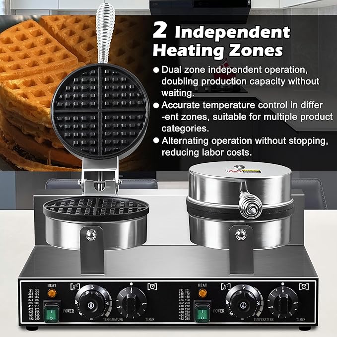 110V 2600W Commercial Double Waffle Maker,Non-Stick Commercial Waffle Baker,Stainless Steel Belgian Waffle Iron for Restaurant Party Food Stall, Bakery Snack Bar Family