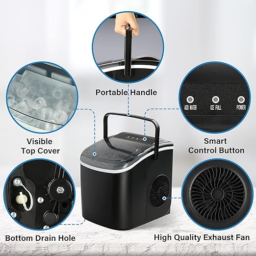 Simple Deluxe Ice Maker for Countertop, Self-Cleaning, Portable Ice Machine with Scoop and Basket, 26lbs Ice/24Hrs, 6 Mins 9 Bullet Ice, 13.7lbs, for Home Kitchen Office, Black