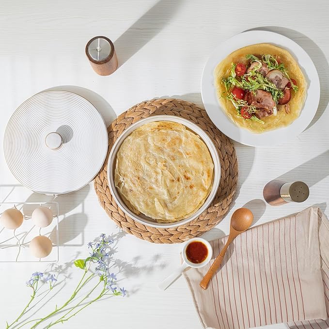2 Pcs Tortilla Warmer, 9 inch Ceramic Tortilla Holder with Lids, Embossed Taco Holder Oven Microwave Safe, White Pancakes Warmer for Taco, Bread, Pancakes, Waffles, Keep Tortillas Warm