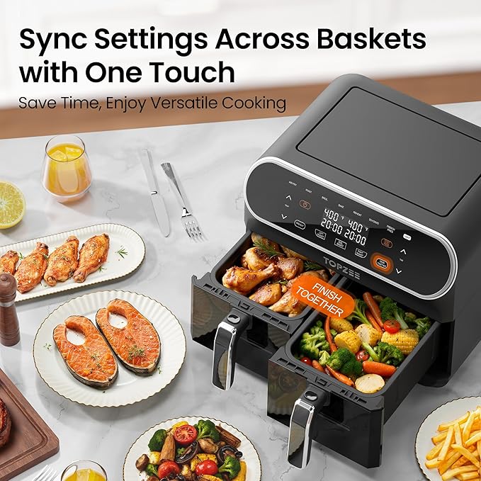 Topzee Dual Basket Air Fryer 8QT – Family Size Air Fryer with Dual Independent Zones, 8 Cooking Presets, Simultaneous Finish Mode, Viewing Windows, 90–400°F, Low-Oil Cooking, Black