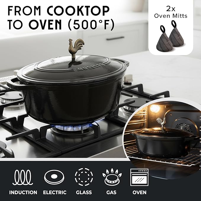 MUELLER HOME 5.5 Quart Enameled Cast Iron Oval Dutch Oven with Rooster Knob & Cotton Potholders, Heavy-Duty Cookware, Oven-Safe up to 500° F & Across All Cooktops, Gifts for Grandma & Women, Black