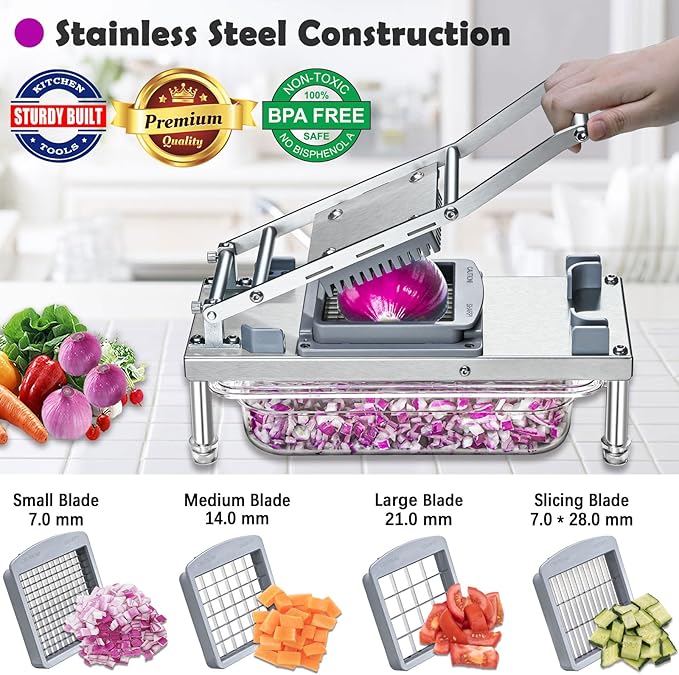 Stainless Steel Vegetable Chopper with 4 Blades - Pro Food Chopper with Container - Veggie Salad Onion Chopper - Potato Dicer - Tomato Cutter