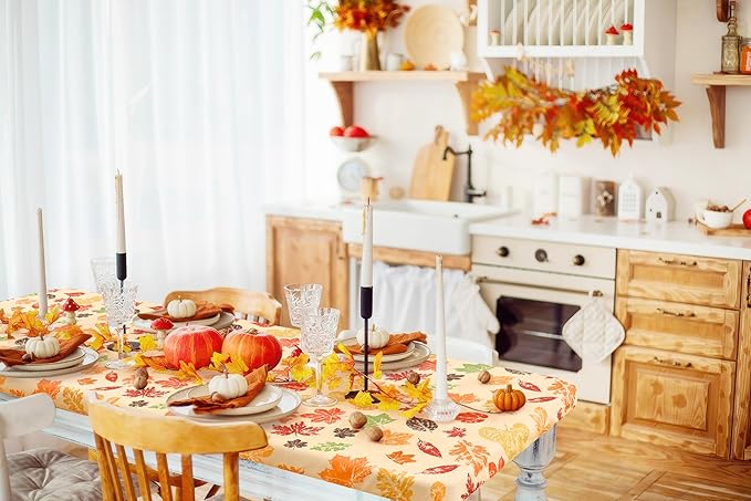 homing Rectangle Table Cloth Cover, Waterproof Polyester Elastic Fitted Tablecloth, Fits for 6 Foot Folding Tables, Washable Table Protector for Fall, Thanksgiving (Colored Leaves, 30" x 72")